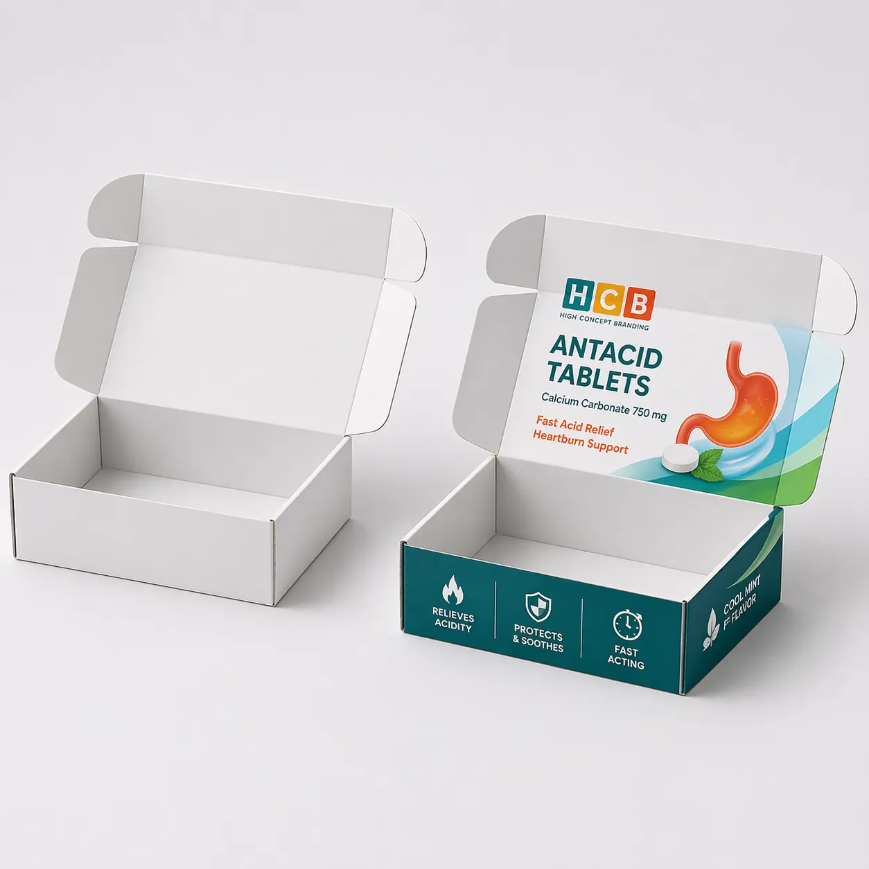 Two flat cardboard mailing boxes, one blank white and one with vibrant orange antacid graphics. class=